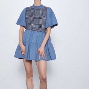 ZARA Womens Medium Blue Denim Tweed Puffy Sleeve Dress Mini M Blogger Favorite